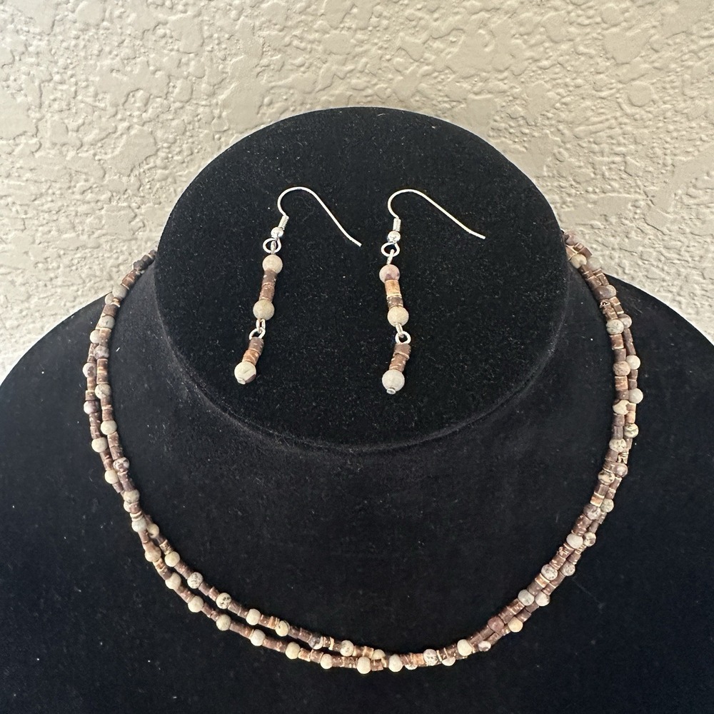 Coconut and Crazy Horse Stone Artisan Handmade Necklace And Earrings Set Double